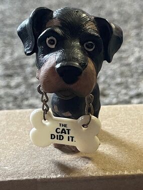 Rottweiler Dog Figurine with 'The Cat Did It' Bone Tag - Black and Brown